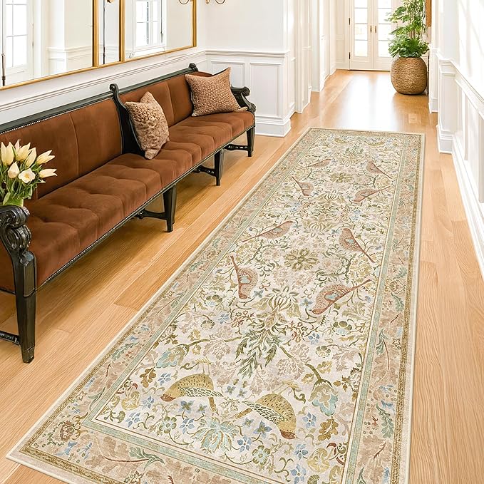 2'6"x8' Long Hallway Runner Rug - Vintage Botanical Wide Runners for Kitchen Bedroom Hall Way, Washable Non Slip with Rubber Backing, Beige Floral Décor