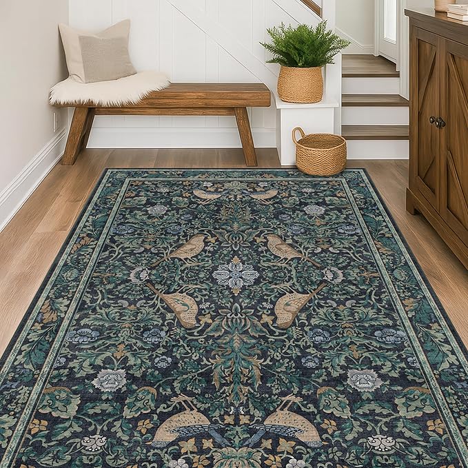 Cottagecore 5x7 Blue Rugs for Bedroom, Washable Forest Area Rug for Dining Room Under Table, Carpet for Living Room, Non Slip & Low Pile Soft Rug (Navy Blue & Deep Teal)