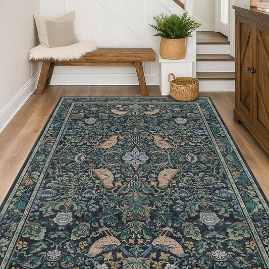 Cottagecore 5x7 Blue Rugs for Bedroom, Washable Forest Area Rug for Dining Room Under Table, Carpet for Living Room, Non Slip & Low Pile Soft Rug (Navy Blue & Deep Teal)