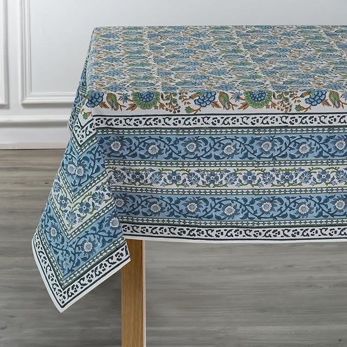 Ridhi Asparagus Green Hand Block Print Cotton Rectangle Tablecloth 160 x 72 inch-Reusable Table Cover Decorative Everyday Use for Dining Room, Farmhouse, Thanksgiving, Christmas Wedding, Fall