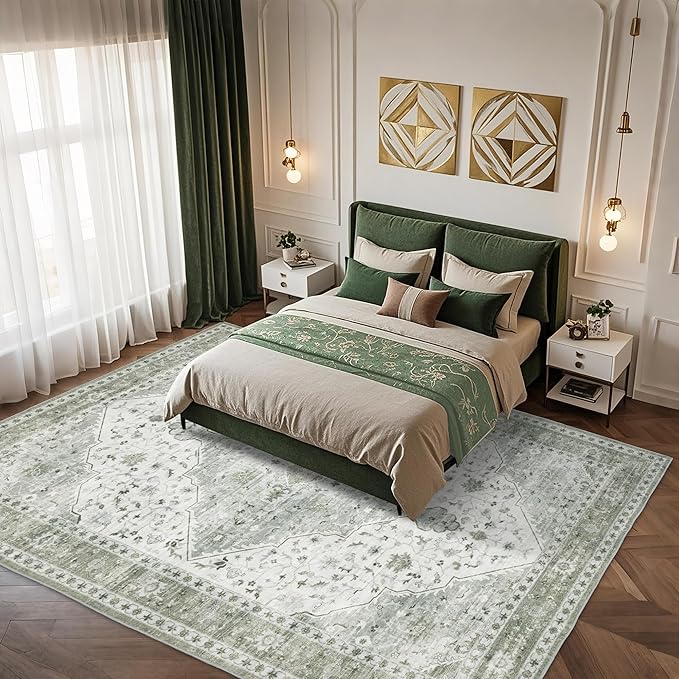 Area Rug for Living Room - Vintage Indoor Machine Washable Rug for Bedroom Dinning Room Floor - Soft Low-Pile Carpet Non-Slip Backing Floral Rugs for Office (Sage Green, 8' × 10')