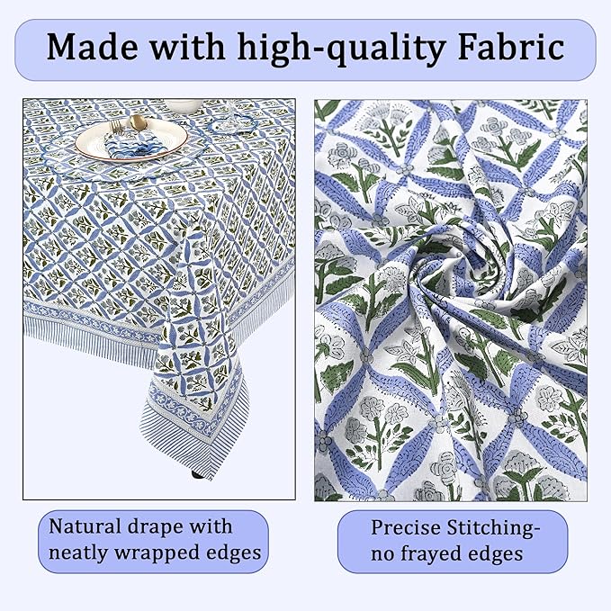 Ridhi Light Steel Blue Hand Block Print Cotton Rectangle Tablecloth 120 x 60 inch-Reusable Table Cover Decorative Everyday Use for Dining Room, Farmhouse, Thanksgiving, Christmas Wedding, Fall
