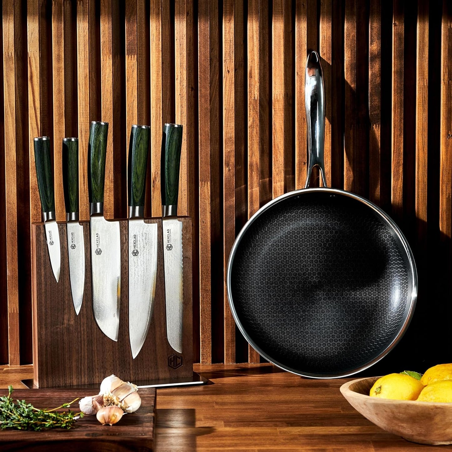 HexClad Magnetic Walnut Knife Block Holder with Strong Enhanced Magnets for Multipurpose Storage in the Home and Kitchen