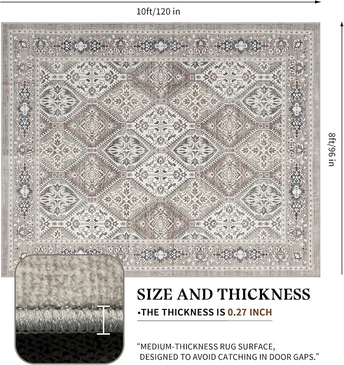 Area Rug for Living Room - 8x10 Boho Vintage Taupe Neutral Washable Rug for Bedroom Dinning Room - Soft Low-Pile Oriental Carpet Non-Slip Tan Rugs for Office - Soft Brown