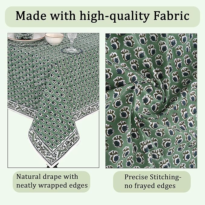 Ridhi Basil Green 72 x 190 Inches Rectangular Cotton Washable Tablecloth, Hand Block Print Floral, for Kitchen, Dining, Spring, Easter, Wedding, Birthday, Bridal