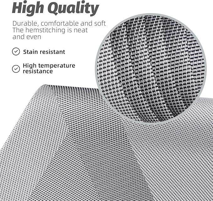 Silver Placemats Set of 6-Durable PVC Vinyl Woven Place Mats for Dining Table Heat Resistant Non-Slip Washable Indoor/Outdoor Table Mats 12 x 17 inch