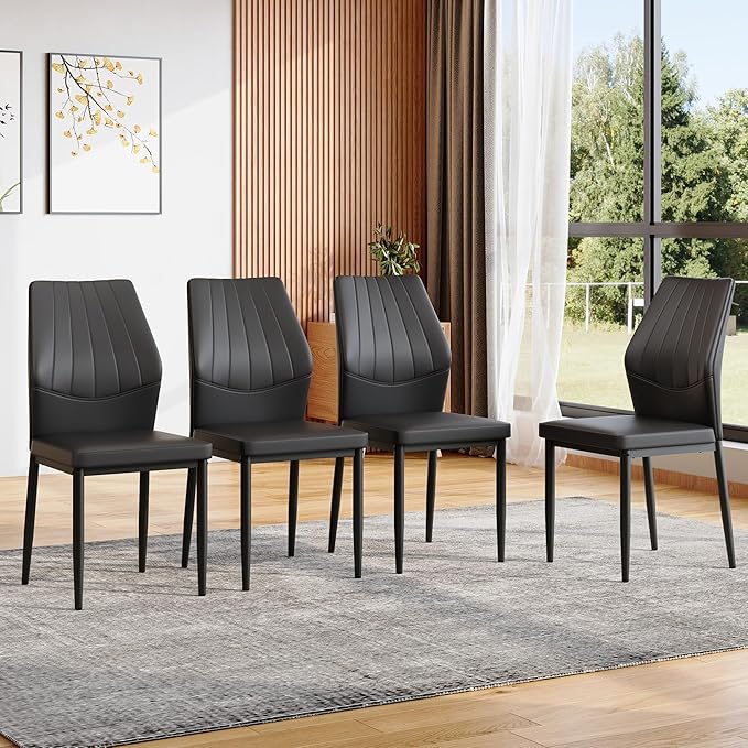 Black Dining Chairs Set of 4, Modern PU Leather Kitchen Chairs with Soft Cushion and Black Metal Legs, Waterproof and Easy to Clean, Armless Dining Chairs for Dining Room,Kitchen,Apartment