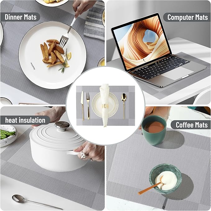 Silver Placemats Set of 6-Durable PVC Vinyl Woven Place Mats for Dining Table Heat Resistant Non-Slip Washable Indoor/Outdoor Table Mats 12 x 17 inch