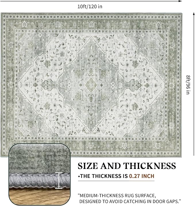 Area Rug for Living Room - Vintage Indoor Machine Washable Rug for Bedroom Dinning Room Floor - Soft Low-Pile Carpet Non-Slip Backing Floral Rugs for Office (Sage Green, 8' × 10')