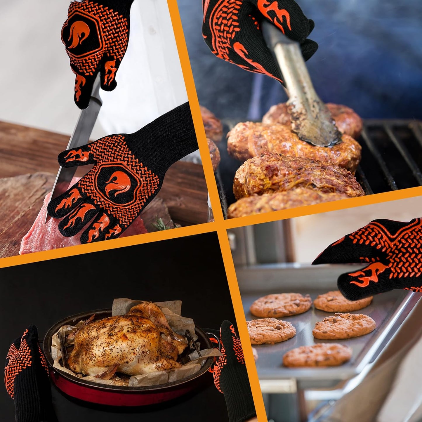 BBQ Fireproof Gloves, Grill Cut-Resistant Gloves 1472°F Heat Resistant Gloves, Non-Slip Silicone Oven Gloves, Kitchen Safe Cooking Gloves for Oven Mitts,Barbecue,Cooking, Frying,13.5 Inch-Orange