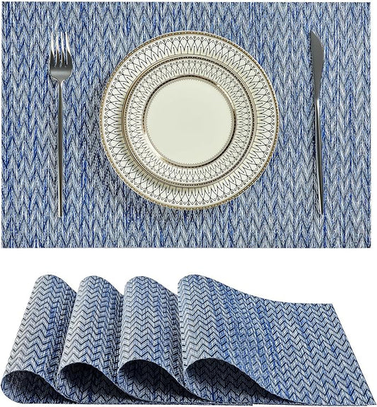Leetaltree Blue Placemats Set of 4 - Heat Resistant Non-Slip Place mats for Dining Table, Washable Durable PVC Vinyl Woven Table Mats（Blue Zigzag, 4）