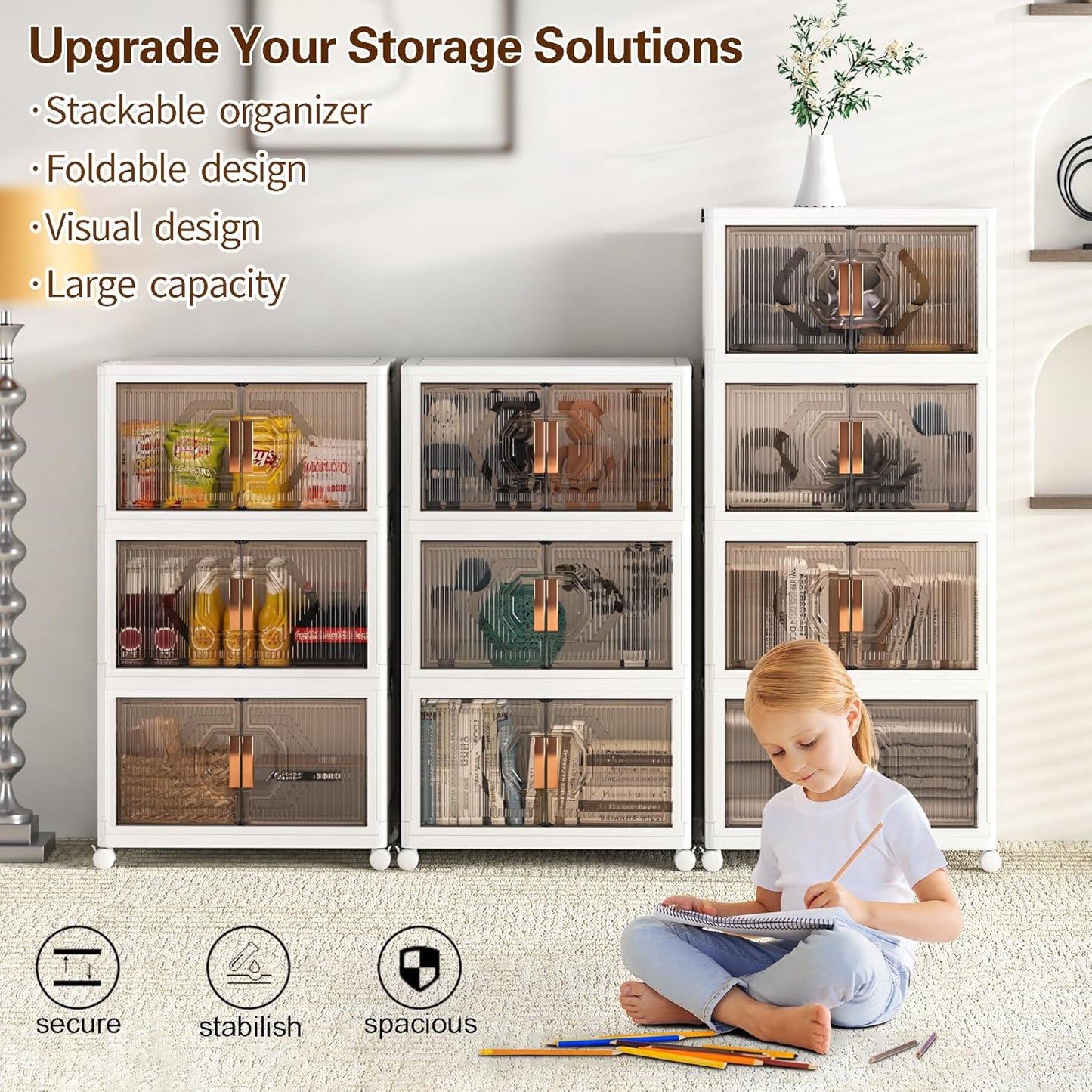 VECELO 19 Gal Stackable Storage Bins with Lid, 3 Pack Plastic Collapsible Storage Cabinet, Foldable Folding Box Organizer/Storage Container Cart with Wheel and Double Door for Home Office, White