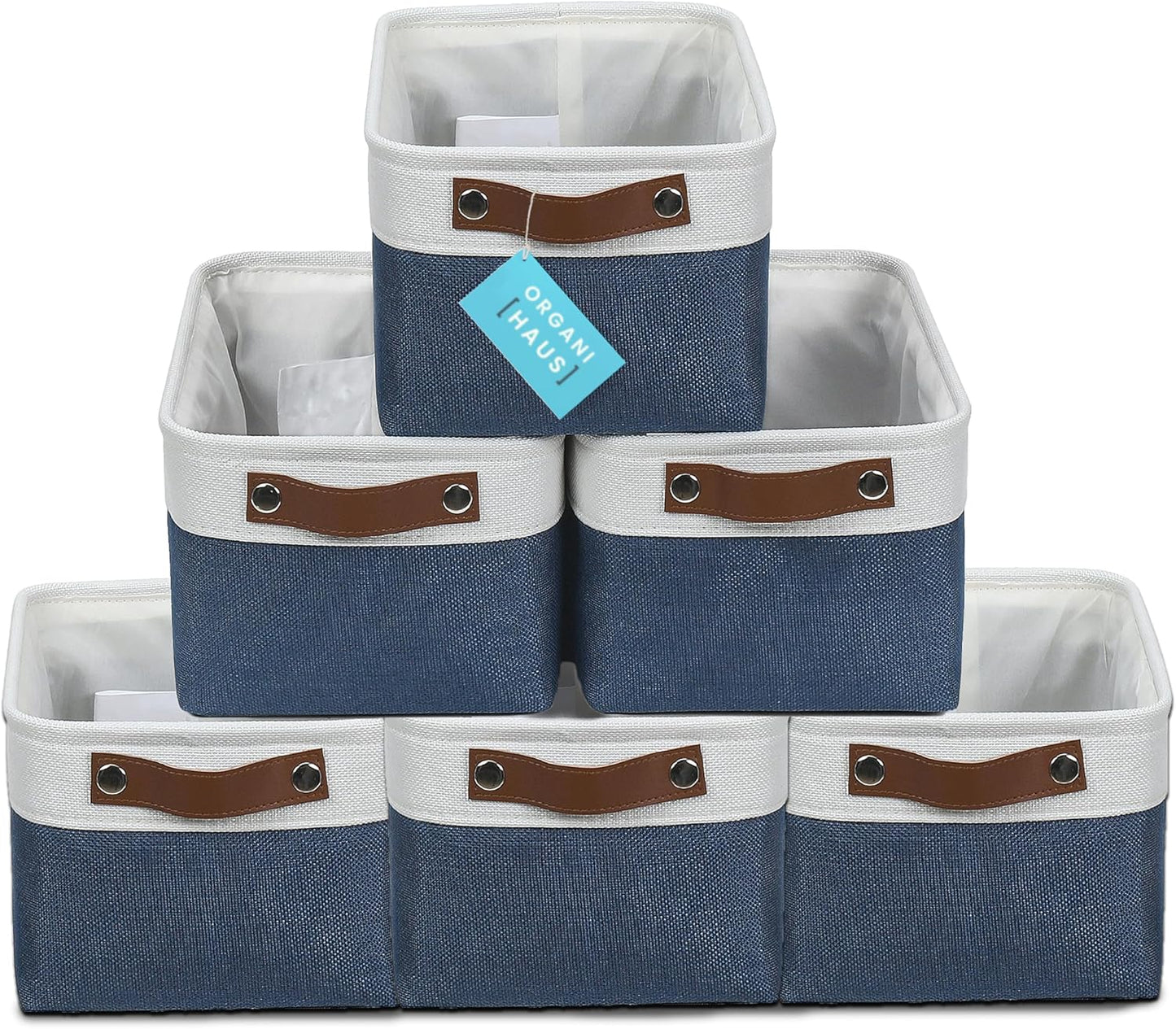 OrganiHaus Small Fabric Storage Baskets for Shelves 6 Pack, 12x8in Closet Storage Bins for Shelves, Cloth Baskets for Organizing, Linen Closet Organizers, Fabric Basket, Navy Blue/White