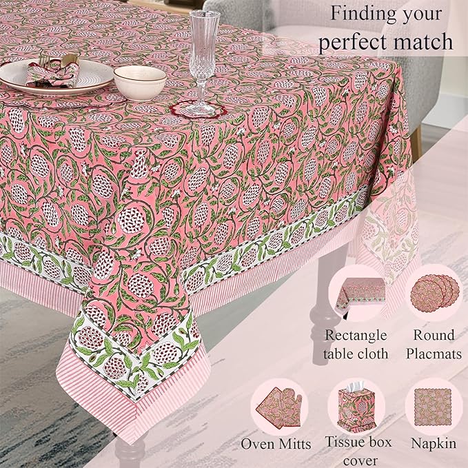 Ridhi Strawberry Pink Hand Block Print Cotton Rectangle Tablecloth 120 x 60 inch-Reusable Table Cover Decorative Everyday Use for Dining Room, Farmhouse, Thanksgiving, Christmas Wedding, Fall