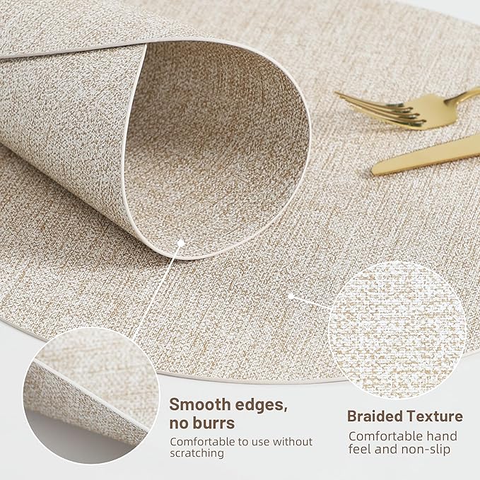 Beige Round Placemats Set of 6 Dual Sided Faux Leather Place Mats Indoor Placemats for Dining Table Outdoor Placemats Waterproofing Non-Slip Washable Table Mats 14 inch
