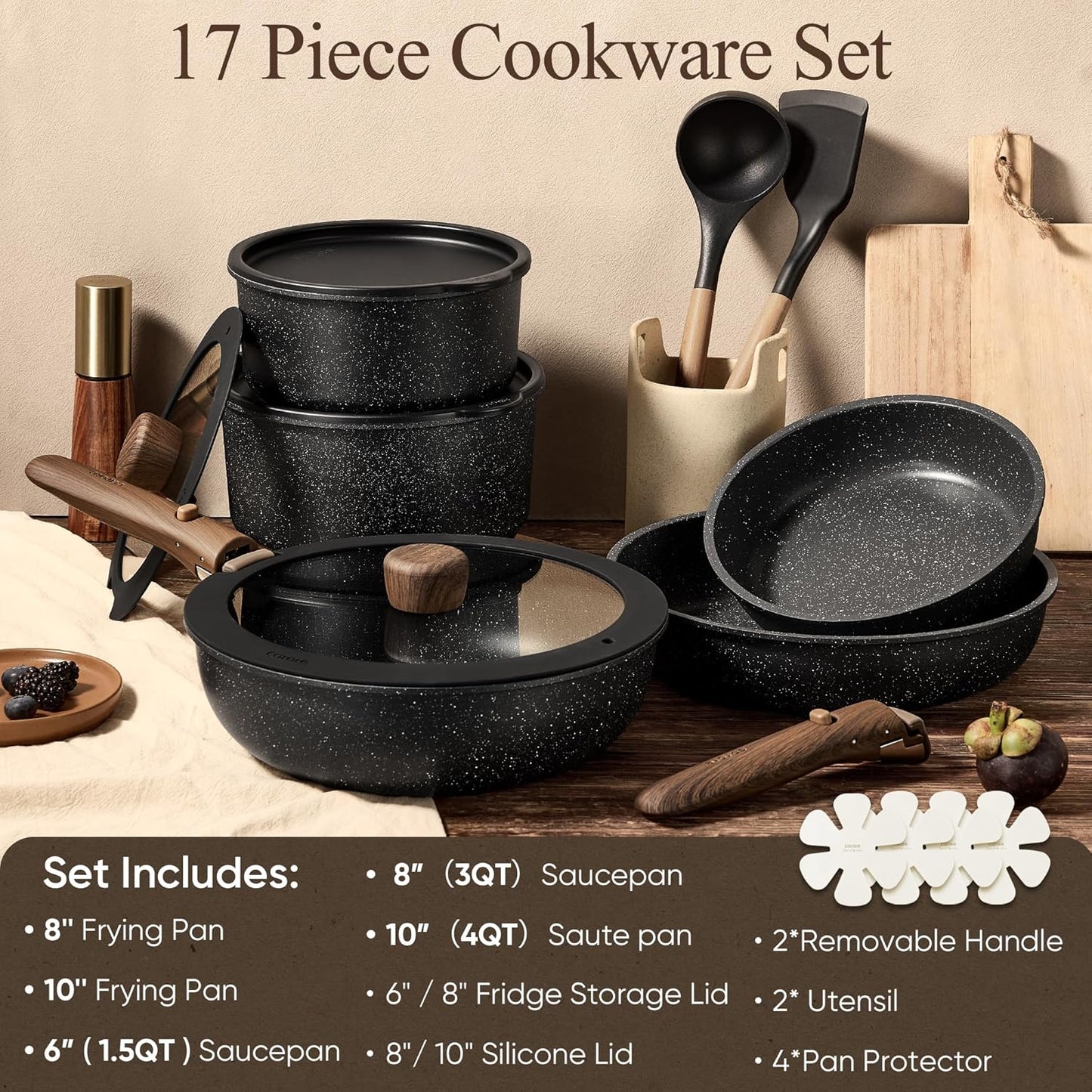 CAROTE 17pcs Pots and Pans Non Stick, Cookware Sets Detachable Handle, Induction Kitchen Pots and Pans,NonStick Cooking Set, Oven/Dishwasher/Fridge Safe, Space Saving