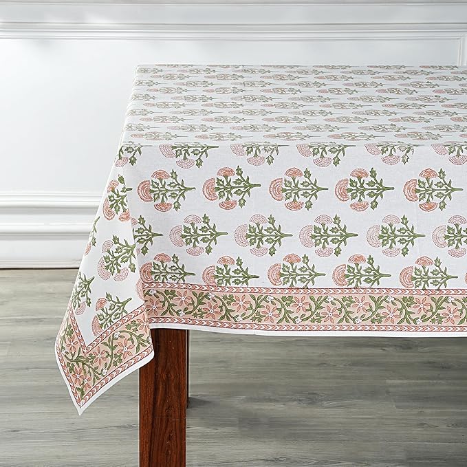 Ridhi Mughal Buta Peach Hand Block Print Cotton Rectangle Tablecloth 120 x 60 inch-Reusable Table Cover Decorative Everyday Use for Dining Room, Farmhouse, Thanksgiving, Christmas Wedding, Fall