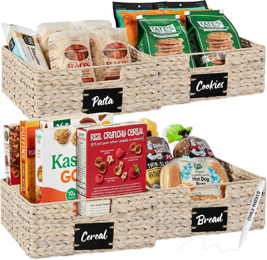 Best Choice Products Set of 4 13x12in Water Hyacinth Pantry Baskets, Woven Organizers w/Chalkboard Label, Chalk Marker - White