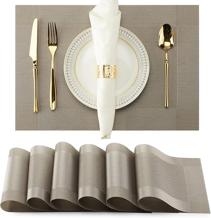 Silver Grey Placemats Set of 6-Durable PVC Vinyl Woven Place Mats for Dining Table Heat Resistant Non-Slip Washable Indoor/Outdoor Table Mats 12 x17 inch