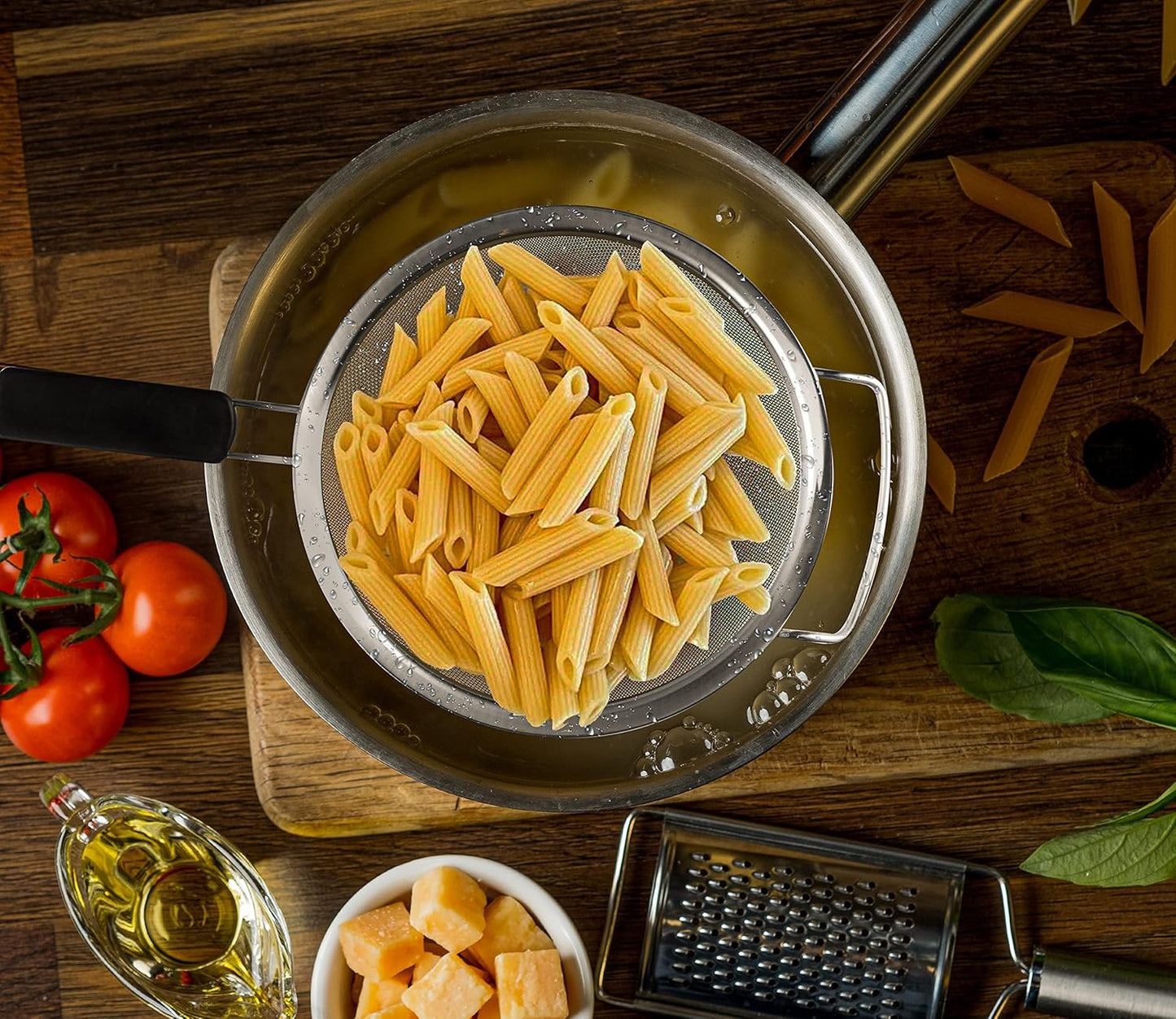 9" Large Fine Mesh Strainer with Thermo Plastic Rubber Handle - Sieve Fine Mesh Stainless Steel - Ideal Kitchen Essential to Strain Pasta, Quinoa and Rice