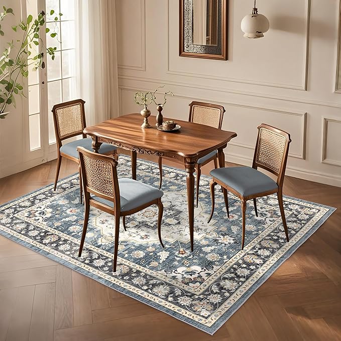 Area Rug for Living Room - Vintage Indoor Machine Washable Rug for Bedroom Dinning Room Floor - Soft Low-Pile Carpet Non-Slip Backing Floral Rugs for Office (Blue/Ivory, 5' × 7')