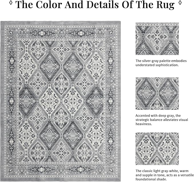 Area Rug for Living Room - Vintage Indoor Machine Washable Rug for Bedroom Dinning Room Floor - Soft Low-Pile Carpet Non-Slip Backing Floral Rugs for Office (Grey, 8' × 10')