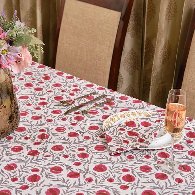 Ridhi Sangria Red Hand Block Print Cotton Rectangle Tablecloth 102 x 48 inches Reusable Table Cover Decorative Everyday Use for Dining Room, Farmhouse, Home, Party, Festive & Wedding, Fall