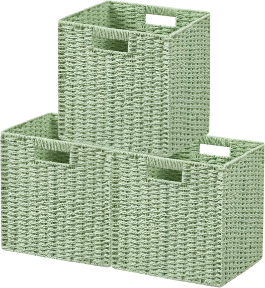 UBBCARE 3 Pack Wicker Basket, 11L×11H×10.5W inch Woven Paper Rope Storage Baskets for shelves, Foldable Cube Storage bin with Handle, Storage Basket for Organizing & Decor, Green