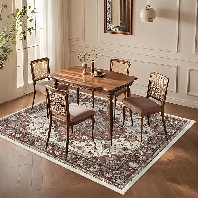 Area Rug for Living Room - Vintage Indoor Machine Washable Rug for Bedroom Dinning Room Floor - Soft Low-Pile Carpet Non-Slip Backing Floral Rugs Office (Brick/Ivory, 6' × 9')