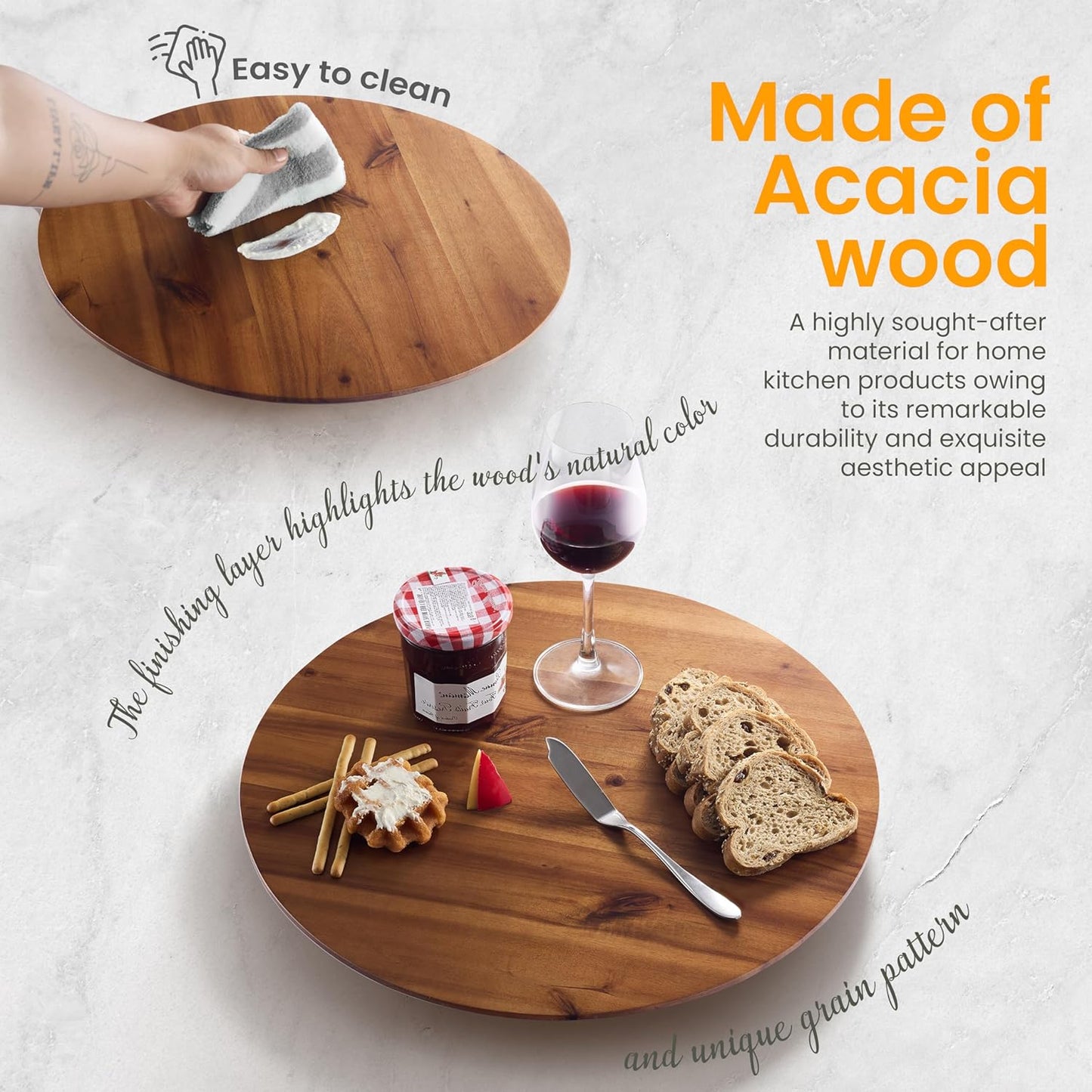16" Acacia Wood Lazy Susan for Table Top - Wooden Turntable Serving Tray for Charcuterie Boards Cheese Board - Extra Large Round Lazy Susan Organizer - Kitchen Revolution for Countertop