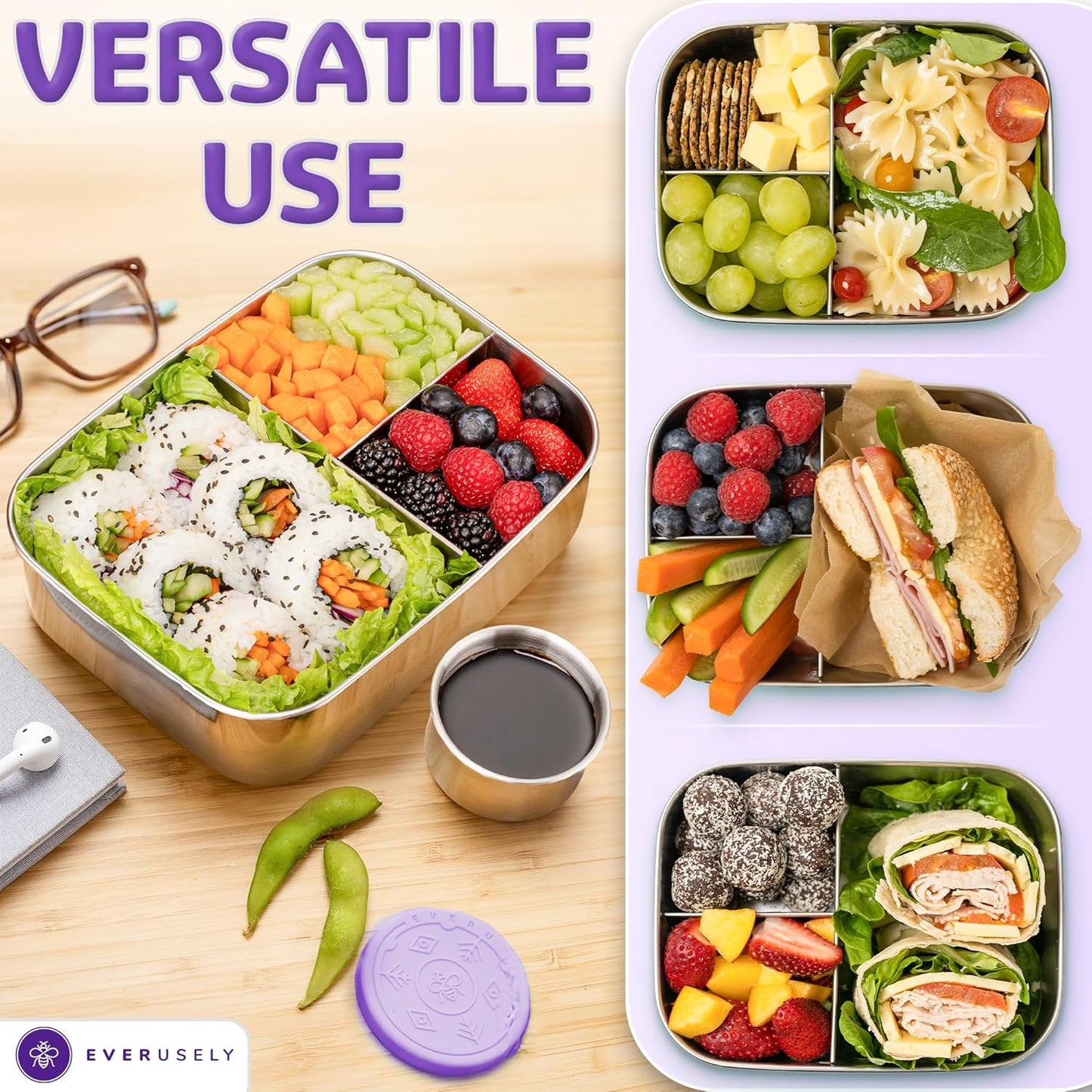 Everusely - Bento Box - Lavender, 47oz / 1.4 L - Stainless Steel Lunch Box with Leakproof Condiment Container - 3 Compartment Snack Organizer for On the Go Meals - Freezer & Dishwasher Safe