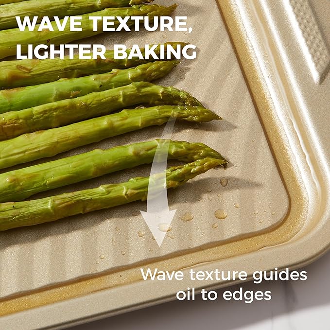 HONGBAKE 9-Piece Baking Pans Set with Wave Texture for Reduced Oil, 0.8mm Thick Bakeware Sets Non Stick, Includes Stackable Cookie Sheets for Oven Cooking, Cake Pan, Muffin Pan, Loaf Pan, Rack, Gold