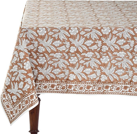 Ridhi Oak Brown Hand Block Print Cotton Rectangle Tablecloth 108 x 60 inch-Reusable Table Cover Decorative Everyday Use for Dining Room, Farmhouse, Thanksgiving, Christmas Wedding, Fall