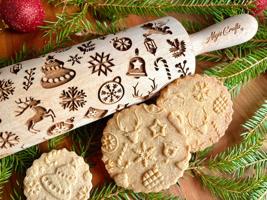 CHRISTMAS GIFTS EMBOSSING ROLLING PIN laser engraved with Christmas symbols CHRISTMAS GINGERBREAD COOKIES