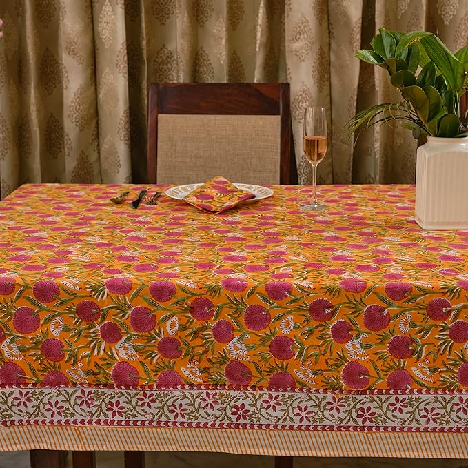 Ridhi -Bubblegum Pink Cotton Tablecloth, Handblock Print Floral Table Cloth for Kitchen Dining Linen I Thanksgiving, Christmas, Wedding, Fall Décor 16 Seater 72X190 Inches Rectangle