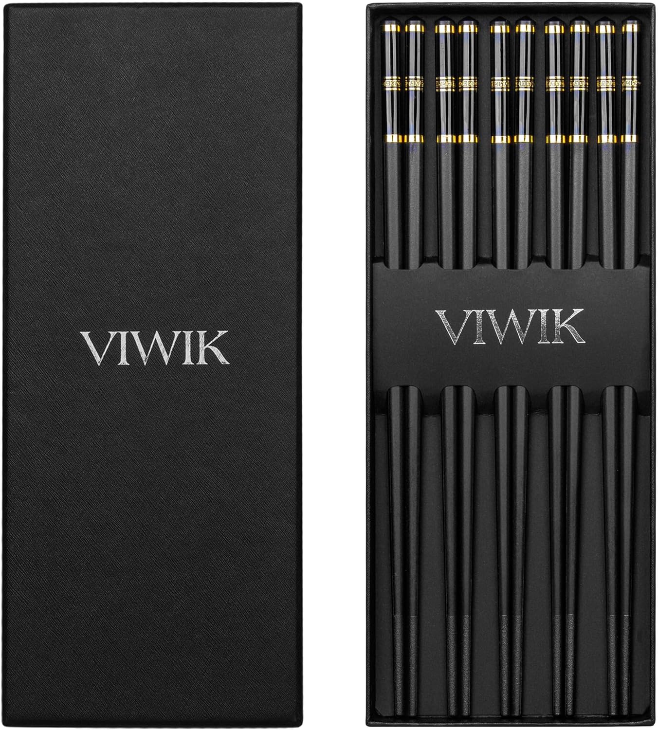 VIWIK 5 Pairs Premium Chopsticks Gold Edged Stainless Steel Pipe Fittings Reusable Chop sticks Dishwasher Safe 9.6 Inch Gift Set