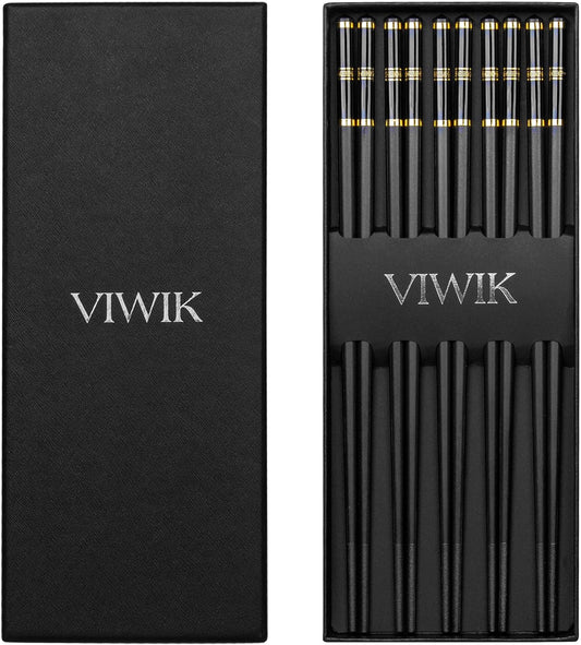 VIWIK 5 Pairs Premium Chopsticks Gold Edged Stainless Steel Pipe Fittings Reusable Chop sticks Dishwasher Safe 9.6 Inch Gift Set
