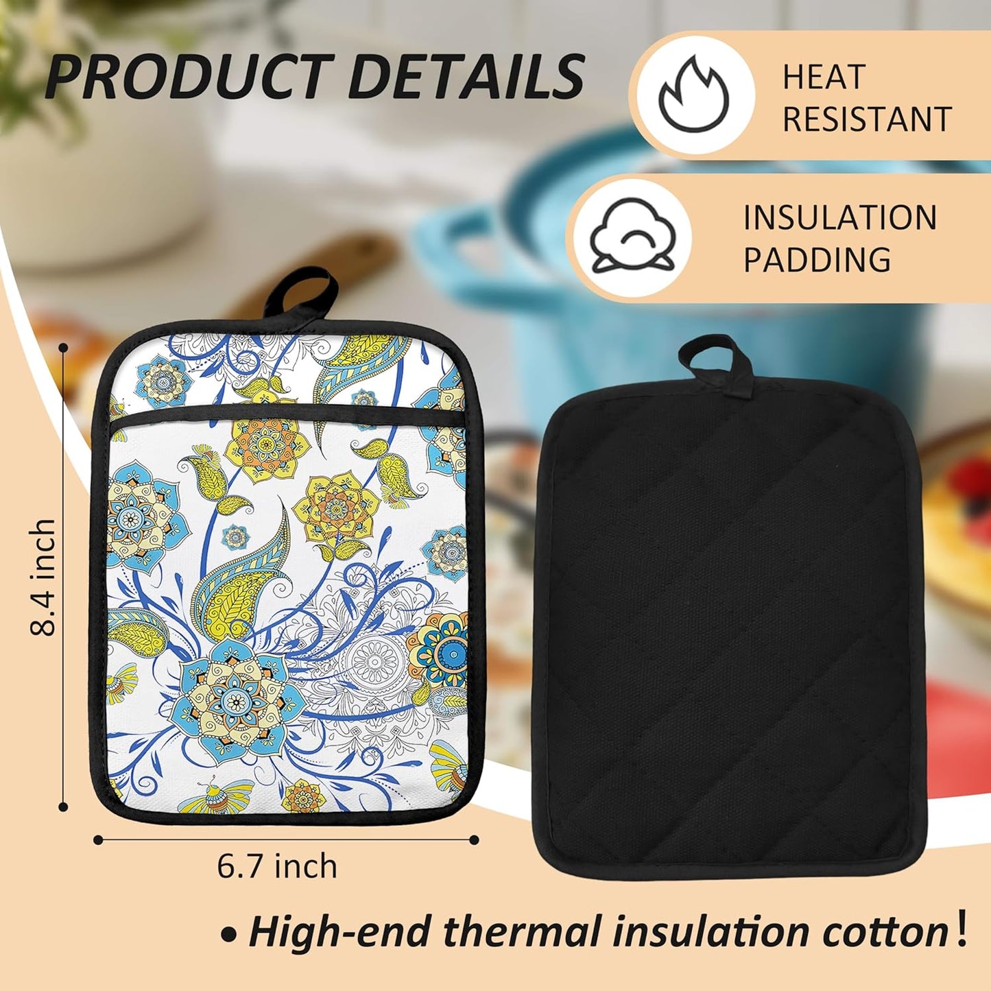 Boho Floral Oven Mitts Set, Vintage Luxury Blue and Gold Flower Floral Heat Resistant Kitchen Oven Gloves for Baking and Cooking,Pot Holders