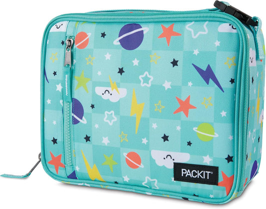 PackIt Freezable Classic Lunch Box, Happy Clouds, Built with ECOFREEZE Technology, Fully Freezable, Collapsible, Reusable, With Zip Front Pocket and Buckle Handle, Designed for Fresh Lunch On the Go