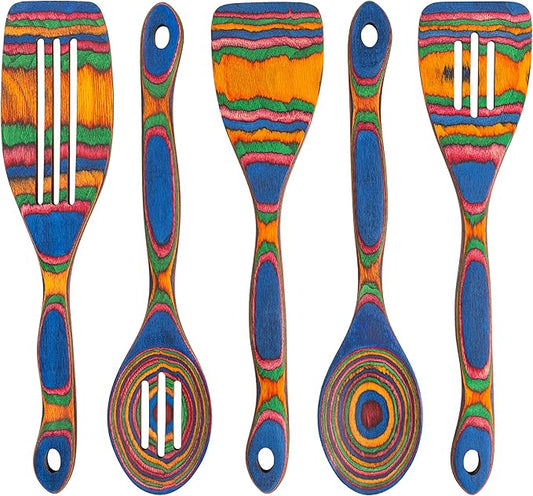 5pc Wood Cooking Utensils Set - Wooden Spoons for Cooking – Pakka Wood Utensils for Cooking and Serving – Comfortable Grip and Non Stick (Blue Rainbow)