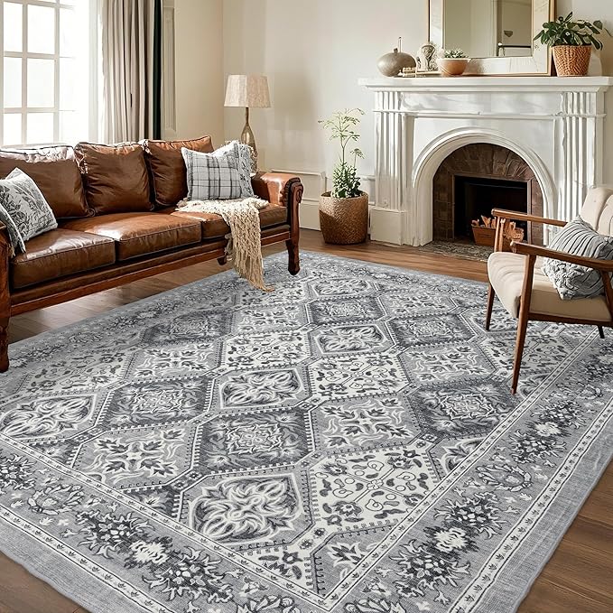 Area Rug for Living Room - Vintage Indoor Machine Washable Rug for Bedroom Dinning Room Floor - Soft Low-Pile Carpet Non-Slip Backing Floral Rugs for Office (Grey, 9' × 12')