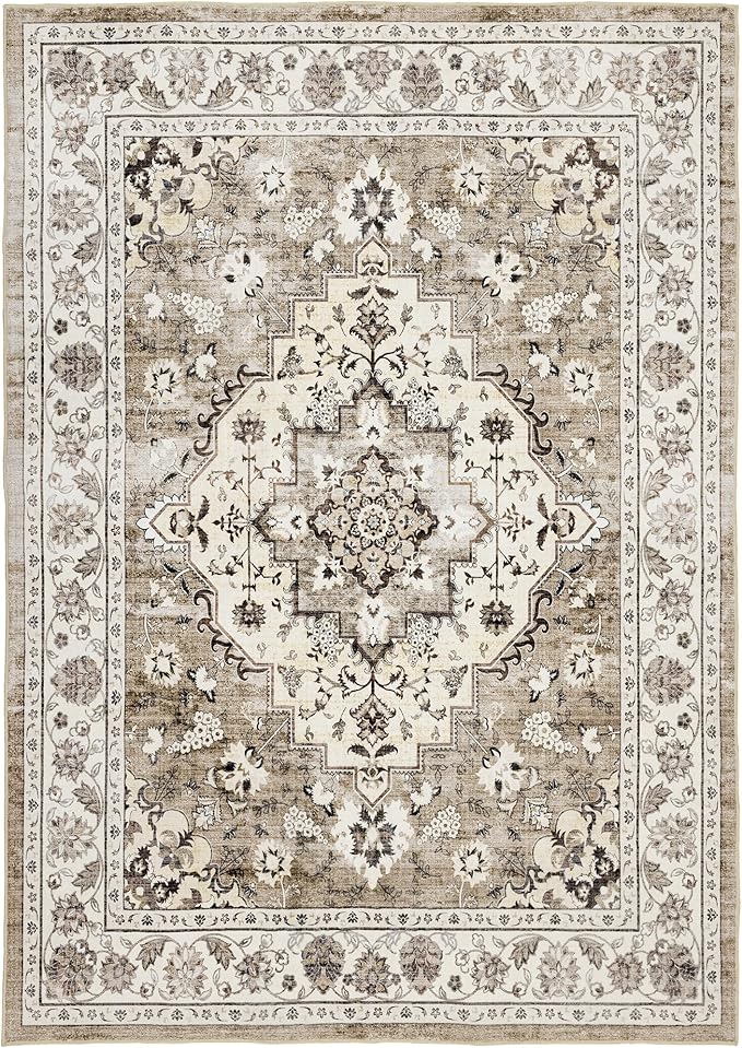 Area Rug for Living Room - Vintage Indoor Machine Washable Rug for Bedroom Dinning Room Floor - Soft Low-Pile Carpet Non-Slip Backing Floral Rugs for Office (Ivory/Beige, 9' × 12')