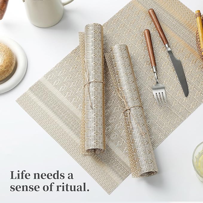 Leetaltree Stardust Yellow Placemats Set of 8 - Heat Resistant Non-Slip Place mats for Dining Table, Washable Durable PVC Vinyl Woven Table Mats（Stardust Yellow, 8）