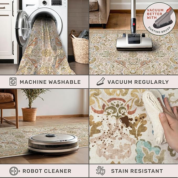 Boho Long Bathroom Runner Rug 2x6 - Floral & Bird Runner Rug for Kitchen Floor, Hallway, Laundry Room, Bedroom, Entrance, Beige Neutral Vintage Decor, Washable Non Slip Low Pile