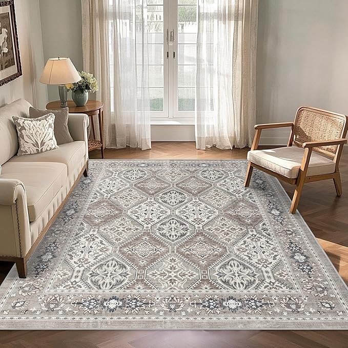 Area Rug for Living Room - 6x9 Vintage Taupe Neutral Washable Rug for Bedroom Dinning Room - Soft Low-Pile Oriental Carpet Non-Slip Tan Rugs for Office - Soft Brown