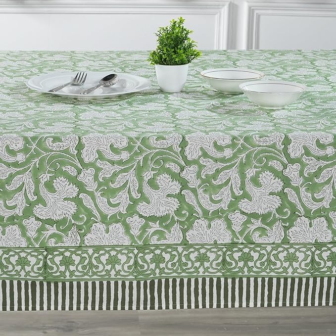 Ridhi Sage Green Hand Block Print Cotton Rectangle Tablecloth 108 X 60 inch-Reusable Table Cover Decorative Everyday Use for Dining Room, Farmhouse, Thanksgiving, Christmas Wedding, Fall