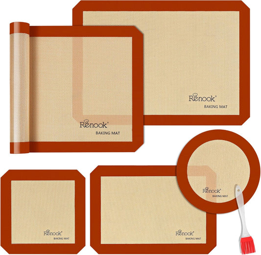 Silicone Baking Mat Set of 5, Grade Food Non-Stick Reusable Baking Mat, Slip Oven Liner Sheet, Round & Square Cake Pan Mat & Silicone Brush for Macaron, Pastry, Cookie