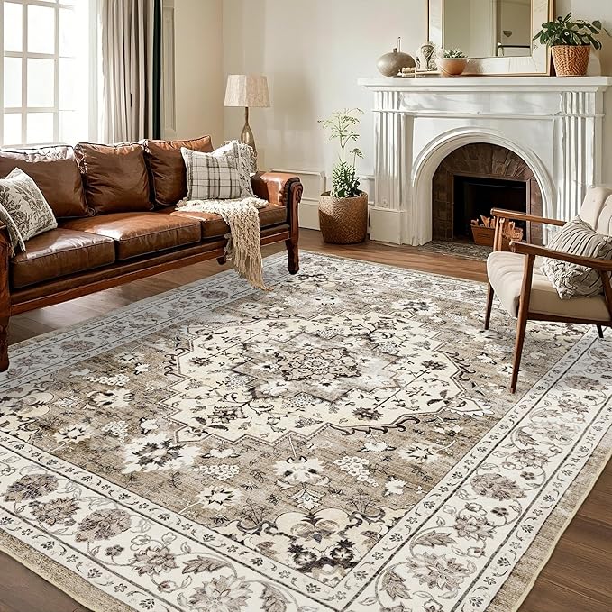 Area Rug for Living Room - Vintage Indoor Machine Washable Rug for Bedroom Dinning Room Floor - Soft Low-Pile Carpet Non-Slip Backing Floral Rugs for Office (Ivory/Beige, 9' × 12')