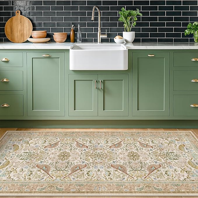 Boho Long Bathroom Runner Rug 2x6 - Floral & Bird Runner Rug for Kitchen Floor, Hallway, Laundry Room, Bedroom, Entrance, Beige Neutral Vintage Decor, Washable Non Slip Low Pile