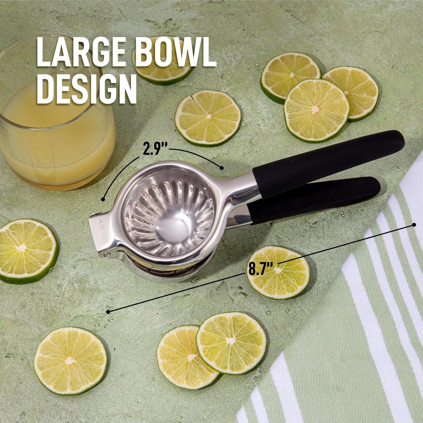 Zulay Lemon Squeezer Stainless Steel with Premium Heavy Duty Solid Metal Squeezer Bowl (Black Grip, Large)